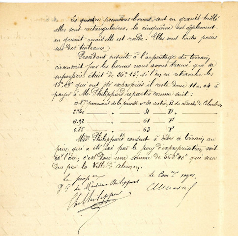 Alimentation en eau potable de la ville d'Alençon, bornage des terrains acquis (1891-1892) : procès-verbal de plantation, correspondance.