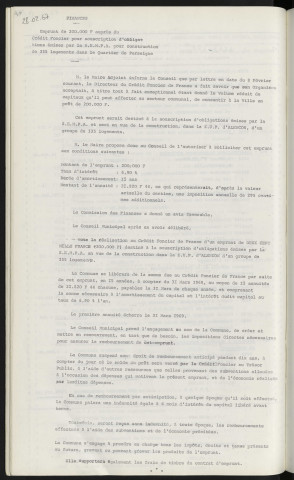 Finances, emprunt de 200 000 F auprès du crédit foncier pour souscription d'obligations émises par la S.E.M.P.A. pour construction de 355 logements dans le quartier de Perseigne.