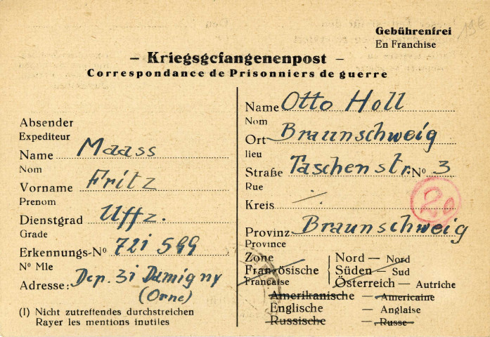 Seconde Guerre mondiale, prisonniers de Guerre Allemands, camp de Damigny : correspondance de Fritz MAAS (4 novembre 1946) : correspondance.