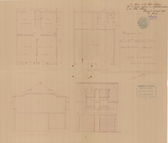 permis de construire n°12, Construction d'une maison d'habitation Rue Biroteau Alençon, (date de décision : 1934), (auteur du projet, architecte : HENRIET (entrepreneur)).