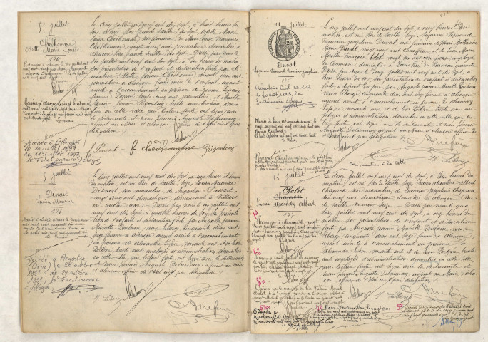 Acte de naissance de CHÉDHOMME Odette Marie Louise (05 juillet 1917), Acte de naissance de DISSART Lucien Maurice (05 juillet 1917), Acte de naissance de DUVAL Suzanne Fernande Francine Joséphine (11 juillet 1917), Acte de naissance de CHAPERON CHOLET Lucien Alexandre Albert (12 juillet 1917).