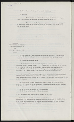 Personnel titulaire, conditions d'avancement. Finances, centre social et culturel d'Alençon Courteille, budget prévisionnel 1969.