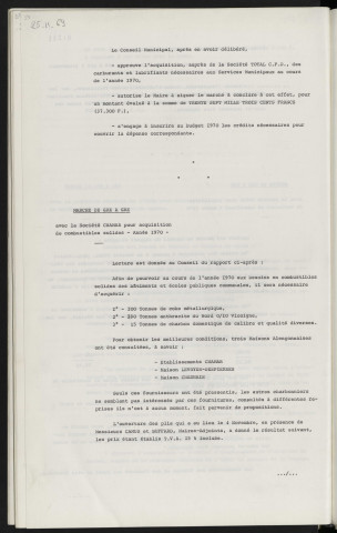 Marché de gré à gré avec la société total pour acquisition de carburant et lubrifiant, année 1970. Marché de gré à gré avec la société CHAMAR pour acquisition de combustibles solides, année 1970.