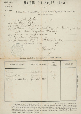 État signalétique et de service de MILLET Jules, Chasseur deuxième Classe au 13e bataillon de Chasseurs à Pied (30 décembre 1874).