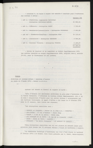 Bains douches de Courteille, travaux de réfection, résultat de l'appel d'offres. Voirie, entretien et travaux divers, location d'engins au cours de l'année 1970, marché S.A.C.E.R.