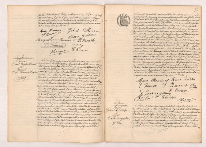 Acte de mariage de RICERNE Gabriel Alfred Albert et HERISSON Marthe Adrienne Alice (25 Juin 1907), LOISON Henri Eugène Ernest et RACINET Marie Françoise Eugénie (27 Juin 1907), RIGOT Gabriel Paul André et DODIER Marie Augustine (28 Juin 1907).