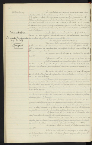 Distribution d'eau, protection des sources, sources de Mr LAUNAY, substituées à Colombiers, rivière la Briante, Mme veuve JOUSSELIN DE SAINT HILAIRE, rapport. Voitures de place, demande d'augmentation de tarif, rapport