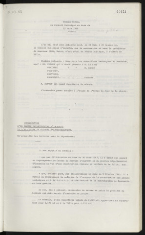 Sommaire sur les affaires à délibérer. Construction d'un centre départemental d'incendie et d'un centre de secours d'arrondissement, copropriété des terrains avec le département.