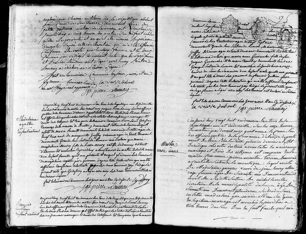 Acte de naissance de LANOS Auguste (18 octobre 1794),acte de naissance de NOURY Madeleine Agathe enfant naturel (19 octobre 1794),acte de naissance de MARTIN Marie Anne (18 octobre 1794).
