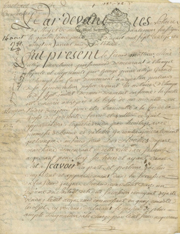 Contrat de vente entre le Sieur Mathieu René Allix et Jean Desroches, d'une partie de la maison sise 45-47 rue Cazault (14 aout 1781).
