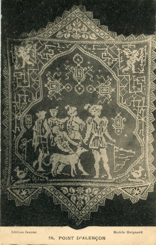 Alençon (Orne), Point d'Alençon, modèle Huignard, carte postale ancienne noir et blanc n°18, édition Jeanne, (Date d'utilisation : 11 mars 1920), (14x9).