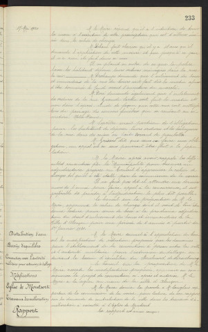 Enlèvement des boues et immondices, projet de cahier de charges . Distribution d'eau, bassin d'équilibre Boulevard de Strasbourg . Convention avec l'autorité militaire pour extension de dallage, modifications . Eglise de Monsort, travaux d'amélioration, rapport