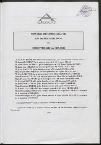 Registre des décisions et des délibérations du conseil communautaire (26 Février - 16 Décembre 2004).