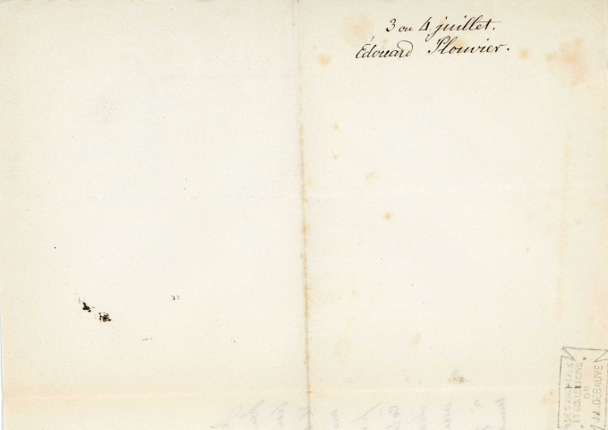 Lettre autographe signée de l'écrivain Edouard Plouvier à l'acteur Adolphe Laferrière (1856).