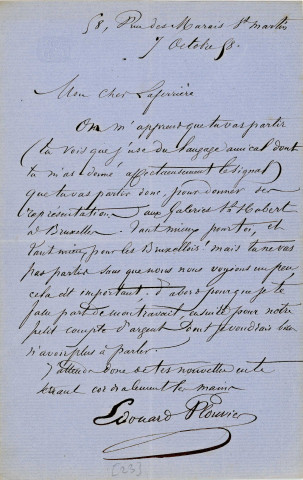 Lettre autographe signée de l'écrivain Edouard Plouvier à l'acteur Adolphe Laferrière (1858).