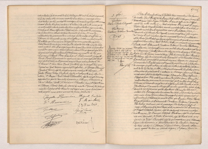 Acte de mariage de MAULOISE Auguste Pierre et HOUSSEMAINE Georgette Louise Renée (28 octobre 1905), acte de mariage de GESLAIN Désiré Charles Auguste et WATREMEZ Constance Victorine Camélia (3 novembre 1905).