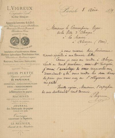 Projet de distribution en eau potable de la ville d'Alençon, candidature de L. Vigreux pour la construction d'un réservoir d'équilibre de 2000 mètres carrés boulevard de Strasbourg (1879) : correspondance.