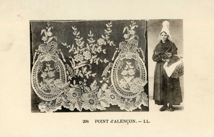 Alençon (Orne), point d'Alençon, carte postale ancienne noir et blanc n°206, édition Léon et Lévy (Paris), marque LL., Cie des Arts photomécaniques, sd, (14x9), AMA.