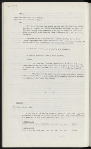 Finances, subvention exceptionnelle à l'équipe départementale des scouts de France. Finances, admissions en non-valeur.