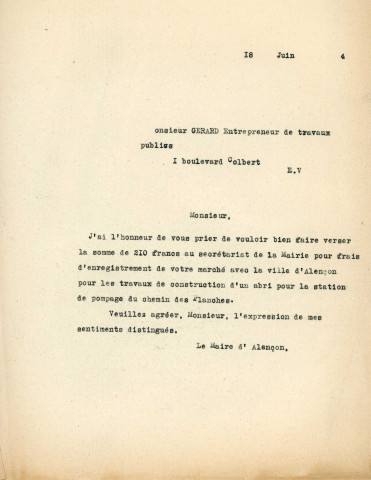 Adduction complémentaire d'eau potable pour la ville d'Alençon, extension du réseau de distribution, réalisation d'un abri pour la station de pompage et du poste transformateur chemin des Planches (Gaston Gérard), exécution (24 mai - 18 juin 1934) : correspondance.