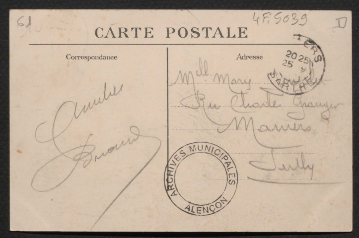 Alençon (Orne), L'Hôtel de Ville et le Palais de Justice, carte postale ancienne noir et blanc, A.M.F éditeur, (date d'utilisation : 25 septembre 1911), (14x9), acquisition 2020, AMA.