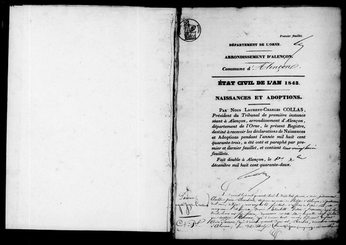 Registre des actes de naissance et adoption (1843).