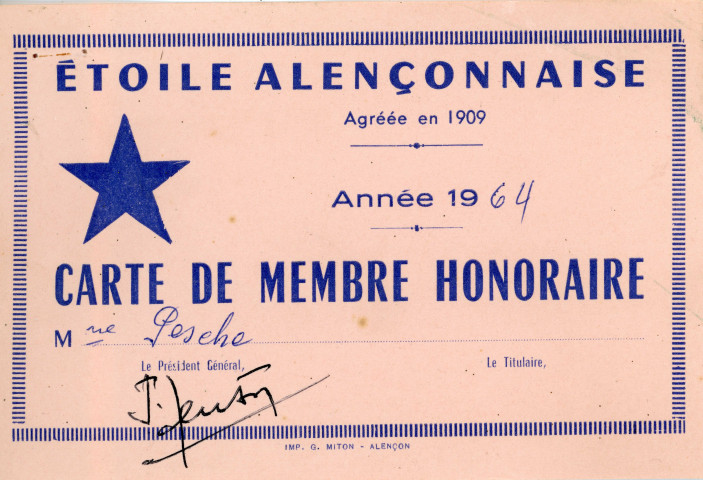 Carte de membre honoraire à l'Étoile Alençonnaise (1964), reçu.