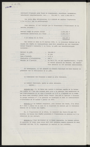 Finances, emprunt de 364 000 F auprès de la caisse des dépôts et consignations pour financement complémentaire du groupe scolaire n°1 de Perseigne.