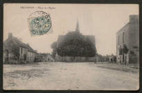 Arçonnay (Sarthe), Place de l'église, carte postale ancienne noir et blanc, (date d'utilisation : 22/1907), (14x9), acquisition 2021, AMA.