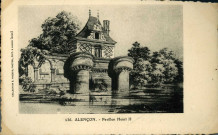 Alençon, Immeuble du XVe siècle (façade cour, 123 Grande Rue, carte gravure, noir et blanc, dessiné par A. Nois, (SD), (9x14), recto.
