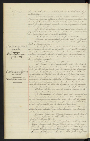 Ligue nationale contre l'alcoolisme, demande de vote de subvention, suppression de l'alcool. Assistance médicale gratuite, liste d'admission pour 1917. Assistance aux femmes en couches, admissions nouvelles