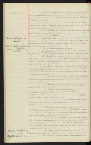 Distribution d'eau, concession de Mr HALGRAIN propriétaire de l'établissement de bains d'Alençon, demande de réduction. Frais de balayage des classes, Mme BRAULT qui balaye l'école de garçon de Notre-Dame, Mme RIVARD et GODIN qui balayent les écoles de garçon et de filles de Monsort vote de crédits supplémentaires, rapport. Hospice d'Alençon, appendice à la convention militaire du 1er Juillet 1890, avis du conseil