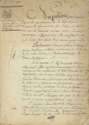 Adjudication aux enchères de deux maisons sises rue Cazault, appartenant aux héritiers Desroches par Pierre Jean (19 septembre 1808).