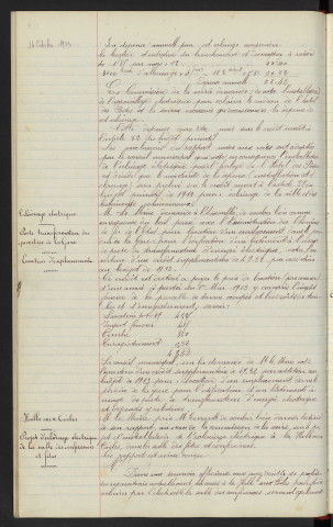 Hôtel des Postes, projet d'éclairage électrique de l'horloge : Rapport. Eclairage électrique, poste transformateur du quartier de la Garez : Location d'Emplacement. Halle aux toiles, projet d'éclairage électrique de la salle des conférences et fêtes