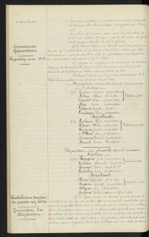 Budget de la ville pour 1919, dépôt du projet, budget de 1918, vote de crédits supplémentaires. Commissaires répartiteurs, proposition pour 1919. Contributions foncières, les propriétaires non bâties, nomination des classificateurs