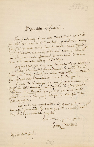 Lettre autographe signée de l'écrivain Tony Révillon à l'acteur Adolphe Laferrière [1860].