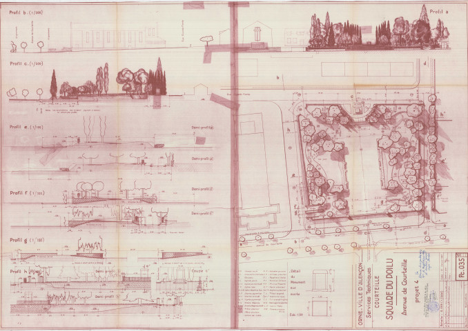 Square du Poilu, Avenue de Courteille, projet 4, plan (Services Techniques, 1/200, 21 janvier 1957, modification 4 mai 1957 PC035) (118.5x82).