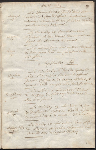 Paroisse Notre-Dame, registre des inhumations (24 juillet 1669 - 30 juin 1671).