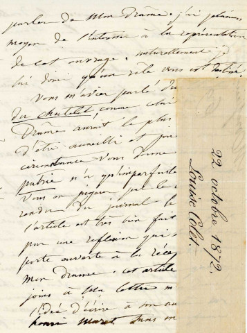 Lettre autographe signée de la femme de lettres Louise Colet au comédien Louis Fortuné Adolphe Laferrière (22 octobre 1872).
