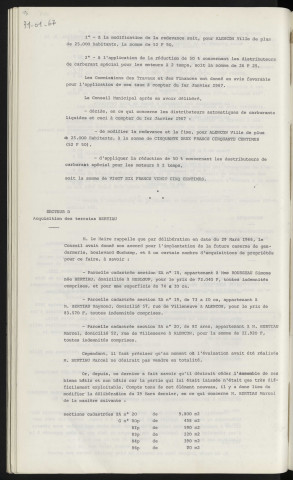 Redevances, distributeurs automatiques de carburants liquides, modification de la redevance. Secteur D, acquisition des terrains , parcelle cadastrée section ZA n°18, appartenant à Mme ROUSSEAU Simone née BERTIAU domicile à Hesloup, parcelle cadastrée section ZA n°19 appartenant à Mr BERTIAU Raymond domicile 57 rue de Villeneuve Alençon, parcelle cadastré section ZA n°20 appartenant à Mr BERTIAU Marcel domicile 52 rue de Villeneuve Alençon.