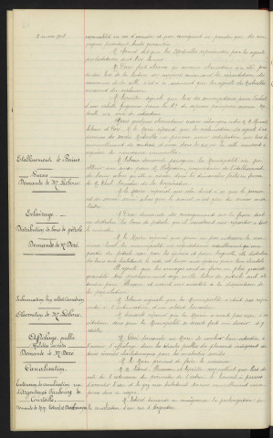 Assurance des immeuble communaux, demande de Mr ROMET et Mr LEBOUC. Etablissement de bains, sursis, Mr HALGRAIN propriétaire, demande de Mr LEBOUC. Eclairage, distribution de bon de pétrole, demande de Mr DORE. Inhumation d'un soldat canadien, observation de Mr LEBOUC. Affichage public, maladies secrètes, demande de Mr DORE. Canalisation, extension de canalisation Rue d'Argentan et Faubourg de Courteille, demande de Mr LETARD et Mr DESCHAMPS