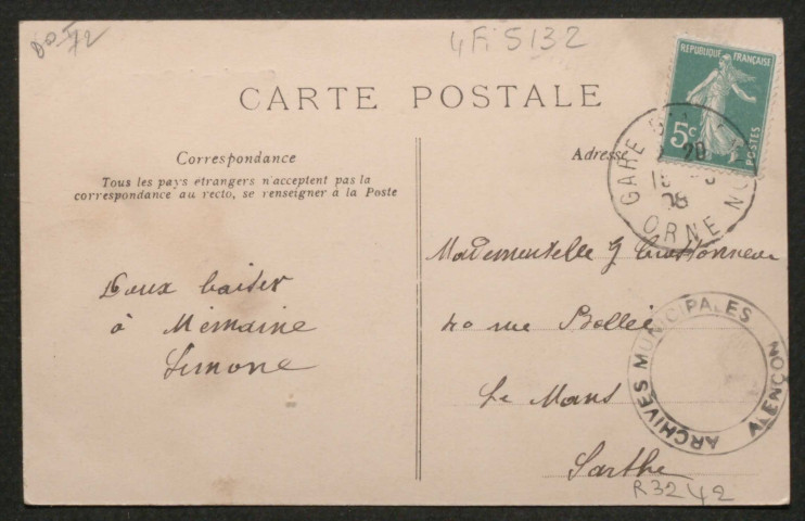 Villeneuve-en-Perseigne, Chassé (Sarthe), Le Bourg, carte postale ancienne noir et blanc, (date d'utilisation : 15 août 1908), (14x9), acquisition 2020, AMA.