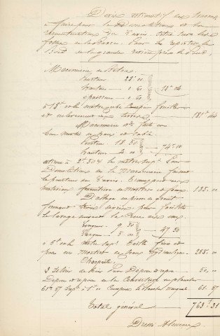 Construction d'un bateau-lavoir public sur la Sarthe, plan, coupe et élévations (, éch : 1/50, 12 décembre 1854).
