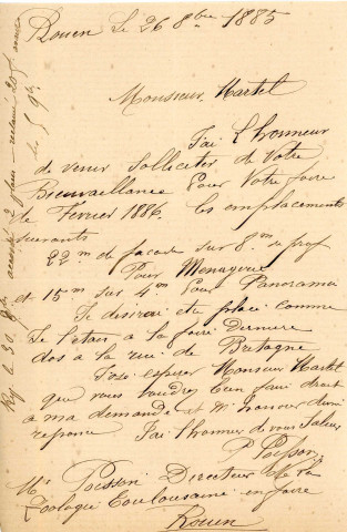 Foire de la Chandeleur (1885-1888), demandes de boutiques sous la coupole de la Halle au Blé, sur la place d'Armes : états nominatifs, correspondance, flyers, plans, mémoires.