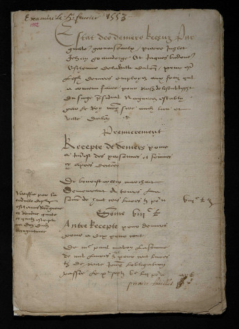 Comptes, état des finances (1552)