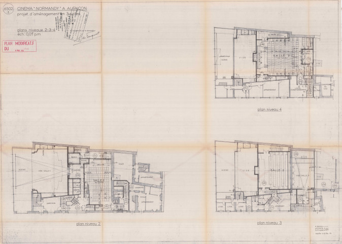 Cinéma "Normandy" à Alençon, aménagement de l'estrade de la salle 1, coupe AB, (architecte : Artémisios WANG, 1/100, 15/05/1979, modifié le : 17/05/1979, plan n°6521), papier.