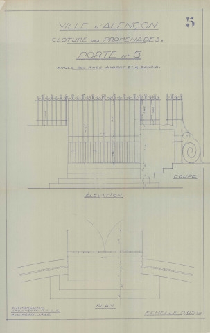 Les Promenades, porte 5 angle des rues Albert 1er et rue Candie, clôture, élévation, plan, coupe, (arch : A. Eschbaercher, ech : 0.05, n°5, date : 1940).