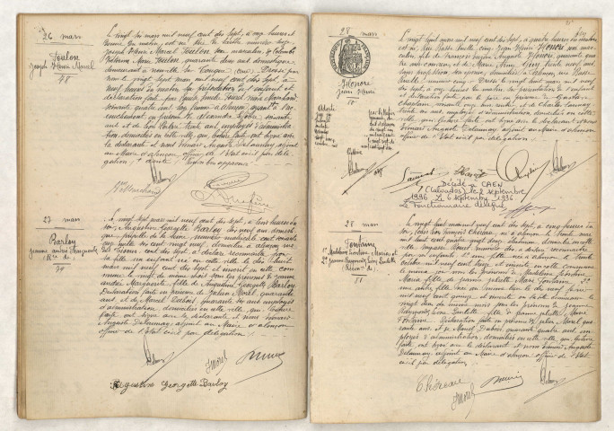 Acte de naissance de FOULON Joseph Henri Marcel (26 mars 1917), Reconnaissance de BARLOY Jeanne Andrée Marguerite (27 mars 1917), Acte de naissance de HONORÉ Jean Henri (28 mars 1917), Reconnaissance de FONTAINE Madeleine Léontine Maria et FONTAINE Jeanne Raymonde Léone Paulette (28 mars 1917).