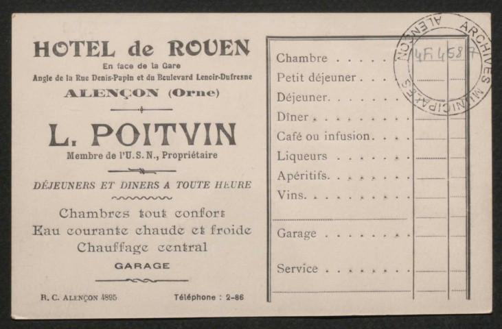 Alençon (Orne), L'Hôtel de Rouen (en face de la Gare), carte photo ancienne noir et blanc, G. Artaud éditeur, Nantes, sd, (14x9), AMA.