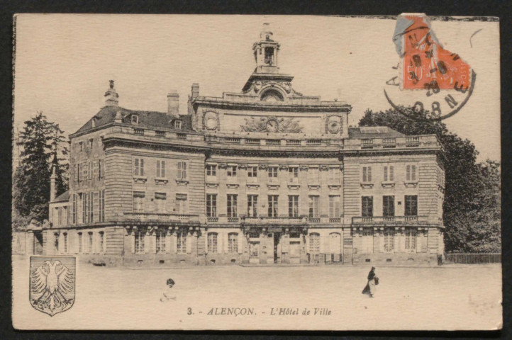 Alençon (Orne), l'Hôtel de ville, carte postale ancienne noir et blanc n°3, G. Artaud éditeur,(Date d'utilisation : 03 août 1928), collection particulière Daniel Bourandy, AMA.